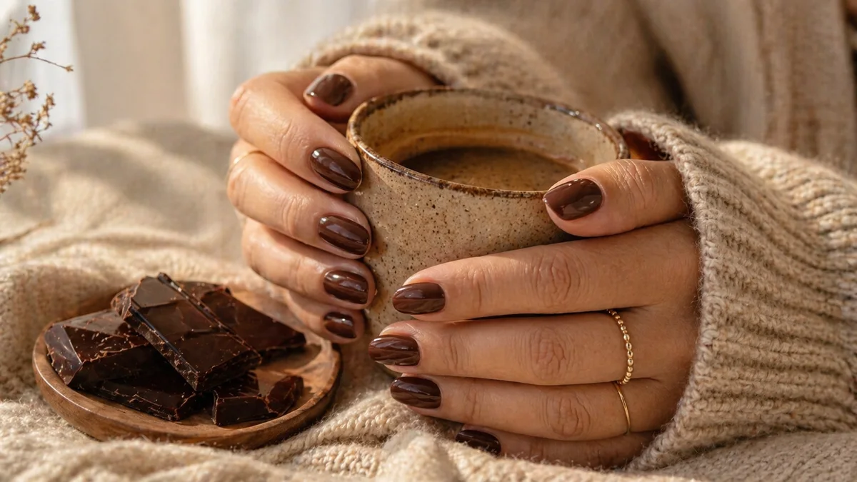 uñas marrones chocolate con manicura elegante en luz natural